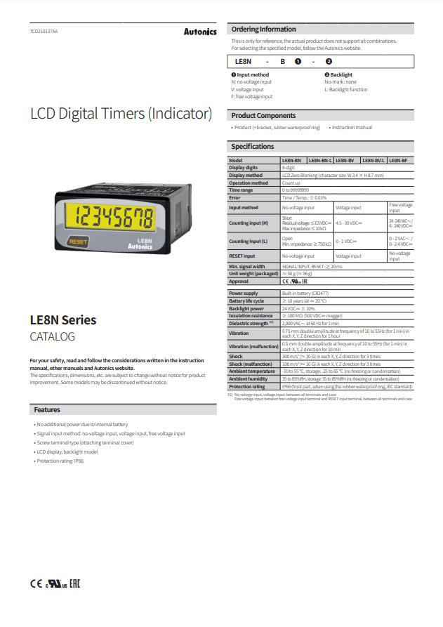 AUTONICS LE8N CATALOG LE8N SERIES: LCD DIGITAL TIMERS (INDICATOR)